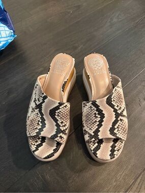 Vince Camuto Beige Snake Print Slide Wedges